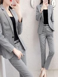 Damen Zweiteilige Hosen 2 Elegante Frauen Plaid Set Mode Vintage Büro Business Casual Einreiher Blazer Jacke Füße