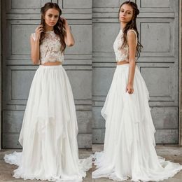 Vestido de Noiva Boho Sexy de Duas Peças 2021 Crop Top Chiffon Verão Praia Jardim Vestidos de Noiva até o Chão Bohemian Country Bridal Gow2024