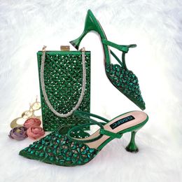 Dress Shoes QSGF Latest Hollow Design With Green Drop-shaped Rhinestone Slingback High-heeled Italian And Bag