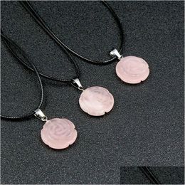 Pendant Necklaces Rose Flower Necklace With Rope Chain Natural Stone Pink Crystal Quartz For Women Girls Fashion Design Jewellery Annive Dhfib
