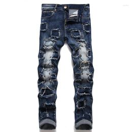 Men's Jeans Men Slim Fit Hip Hop Biker Patchwork Ripped Denim Pants Long Trousers Punk Rivet Distressed Hole Streetwear Clothing