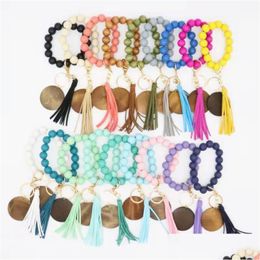 Keychains Lanyards Fashion Wooden Bead Bracelet Party Beech Tassel Keychain Pendant Leather Bracelets Ladies Jewelry Wood Wrist Disc Otq2L