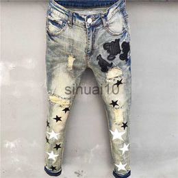 Men's Jeans High Quality Men Jean Hole Patch Fashion Versatile Ripped Jeans Stretch Pencil Pant Streetwear Elastic Hip Hop Star Pattern Jean J230728