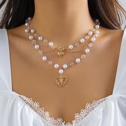 Choker Salircon Gothic Hollow Heart Shaped Pendant Neck Necklace Korean Imitation Pearl Multi-layer Chain Women's Y2K Jewellery