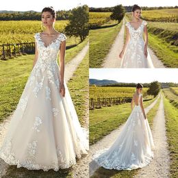 2019 Scoop Neck Lace A Line Wedding Dresses Tulle Lace Applique Backless Sweep Train Wedding Bridal Gowns With Cap245S