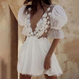 Summer Short A Line Wedding Dress Plunging V-Neck Half Sleeves Pearls Beaded Flowers Mini Bride Dresses Boho Beach Sexy Backless I3414