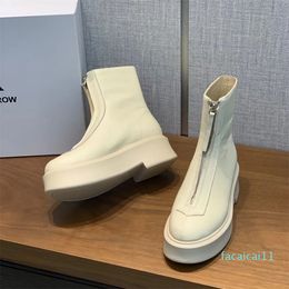 white smooth Leather Ankle Chelsea Boots platform zip slip-on round Toe block heels Flat Wedges booties chunky boot designer