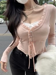 Women's Knits Tees Cropped Cardigan 2023 Women Clothes Sweet Ruffles White Sueter Vneck Long Sleeve Tunic Pull Femme Drawstring Knit Sweater Tops 230729