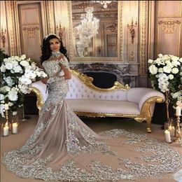 Luxury Sparkly 2020 Mermaid Wedding Dresses Sheer Long Sleeve Sexy High Neck Bling Bling Beaded Lace Appliqued Chapel Bridal Gowns247f