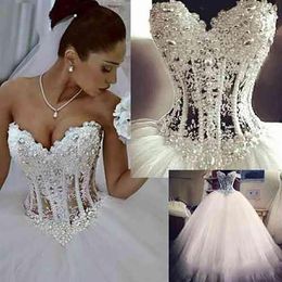 2021 stupefacente abito da ballo abiti da sposa corsetto dell'innamorato vedere attraverso la lunghezza del pavimento principessa abiti da sposa in rilievo pizzo perle personalizzato 251U