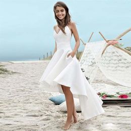 Simple White Asymmetrical A Line Wedding Dresses V Neck Spaghetti Strap Satin Bridal Dress Backless Beach Wedding Gown vestido de 225c
