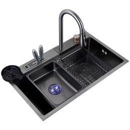 Kitchen Sink 304 Stainless Steel Waterfall Sink 3mm Thick Nano Large Single Sink Anti-Scratch Counter Top Sink With Knife Holder