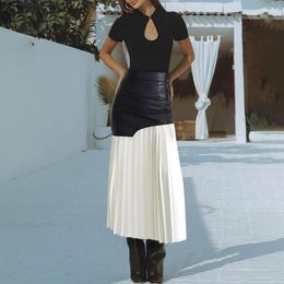 Skirts PU Leather Stitching Pleated Skirt High Waist Mid-length Women's Patchwork Contrast Elegant All-match Women Clothing