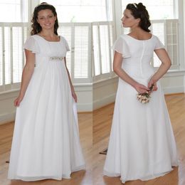 Empire Waist Maternity Women Chiffon A-line Long Modest Wedding Dress With Flutter Sleeves Floor Length Pregnant Informal Temple B174W