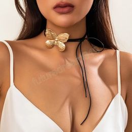 150CM Long Leather Wax Thread Chain Big Butterfly Necklace for Women Goth Elegant Knotted Bowknot Adjustable Chokers Y2K Jewelry