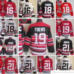 1980 Film Vintage Hockey 21 Stan Mikita Trikots CCM Stickerei 19 Jonathan Toews 18 Denis Savard 16 Brett Hull 81 Marian Hossa Jersey Black Red White Retro