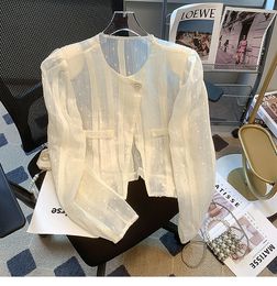 New design women's o-neck long sleeve summer gauze fabric thin perspective short jacket sunscreen coat cardigan SMLXL