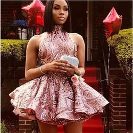 Glitter Short Dusty Rose Sequin Sexy Homecoming Dresses Halter Backless Puffy Black Girl Prom Dress Graduation Cocktail Party Gown307M