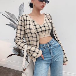 Women's Blouses Shirts Retro style sexy short suspenders plaid knitted jacket two piece women spring and autumn fashion suit 230731