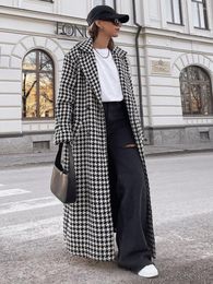 Women's Trench Coats Elegant Women Long High Street 2023 Sleeve Double Breasted Houndstooth Print Straight Black Overcoat