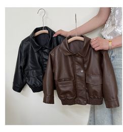 Jackets Coat Korean Childrens Clothing Girls Autumn Season Retro Style Leather Jacket Fashionable Button Decorate Soild 230731