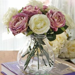 10pcs Artificial Silk Rose Flower Fake Leaf Home Party Garden Wedding Decor Pink White Green Purple218R