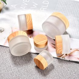 Premium Frosted Glass Cosmetics Packaging Cream Bottle 5ml 10ml 15ml 30ml 50ml 100ml Cosmetic Jars with Wood Grain Cap -Hidden Pea288j