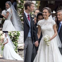 pippa middleton in lace wedding dresses high neck aline backless pearls wedding dress with cap sleeves chapel bridal gowns329D