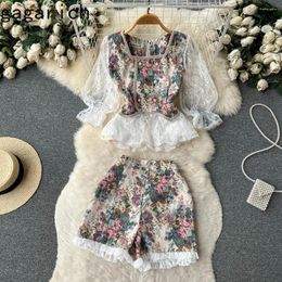 Work Dresses Gagarich Vintage Court-style Women 2 Piece Set Panelled Mesh Crochet Square Collar Top Lace Shorts French Lady Elegant Suit