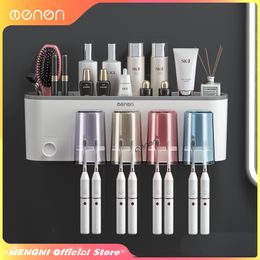 Toothbrush Holders MENGNI-Bathroom Toothbrush Holder Organiser with Cup Toothpaste Squeezer Dispenser Wall Storage Rack Bathroom Accessories set 230731