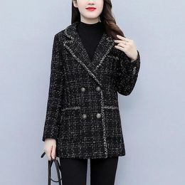 Women's Suits Women Blazers Autumn Winter Woollen Coat Plaid Double-Breasted Suit Loose Wool Blended Jacket Female Outerwear 5XL