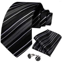 Bow Ties Black White Striped Men's 8cm Silk Polyester Business Party Accessories Neck Tie Set Hanky Cufflinks Man Gift