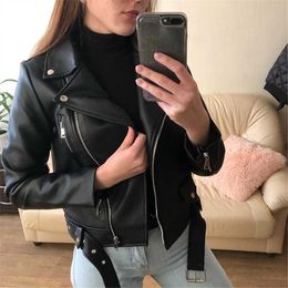 Women's Fur Faux 2021 Winter Zipper Artificial Leather Jacket Lapel Long Sleeve Short PU Motorcycle Clothing Slim coat HKD230727