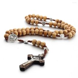 Chains British Wood Bead Long Necklace Chain Cross Jesus Rosary Pendant For Men Woman Religious Jewelry Necwear Tie Chic Gift Accessory