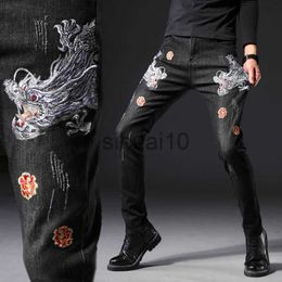 Men's Jeans Autumn ripped patch jeans men elastic 3D double dragon embroidery high quality designer jeans trousers printed casual pants J230728