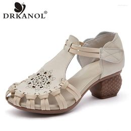 DRKANOL 398 Sandals Women Genuine Leather Summer Shoes Concise National Style Thick Heel Ankle Strap Soft Sole Casual H1855l