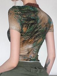 Women's Tanks Vintage Lace Trim Patchwork Graphic Print Short Sleeve Tee Shirt For Women - Y2K Streetwear Slim Fit Low Cut Tie Up Top