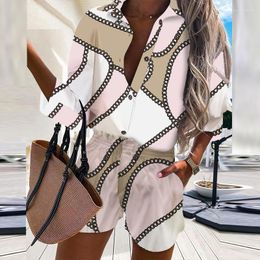 Women's Tracksuits Summer Casual Chain Print Shorts Suit Women Fashion Half Sleeve Shirt Top Suits Loose Office Two Piece Set 2023