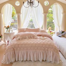 Bedding Sets Waterfall Ruffle Lace Duvet Cover Set Cotton French Rose Chic Wedding Princess With Bed Sheet 2Pillowcases