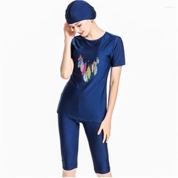 Ethnic Clothing Woman Beach Swimming Suit Muslim Navy Blue Swimwear Printing Modest Swimsuit Three Piece Cap 4XL Plus Size