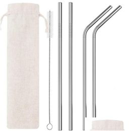 Drinking Straws 6Pcs Set Stainless Steel Sts With Cleaning Brush And Pouch Reusable Straight Bent Metal St For Kitchen Home Party Bar Otia0