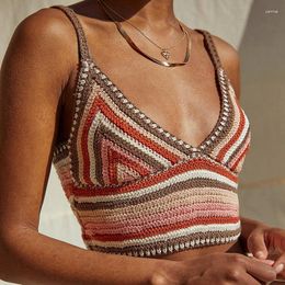 Women's Tanks Colorful Striped Knitted Cami Top Vintage Summer Beach Lace Boho Bikini Tank Crop Halter Sexy Sleeveless Y2K