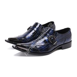 Handsome Men's Shoes Luxury Handmade Leather Dress Shoes Men Pointed Metal Toe Blue Business and Party Zapatos Hombre