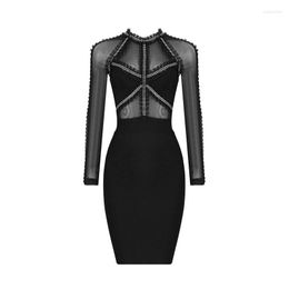 Casual Dresses 2023 Women Autumn Long Sleeve Sexy Top Quality Celebrity Black Mesh Strech Rayon Bandage Dress Evening Party