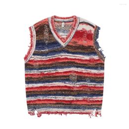 Men's Sweaters Japanese Vintage Striped Spliced V Neck Ripped Vest For Men Chaleco Hombre Baggy Y2K Casual Sleeveless Knitted Sweater