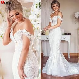 2022 Designer Lace Wedding Dress Plus Size Mermaid Bridal Gowns Vintage Appliqued Off The Shoulder Sexy Lady Marriage Dresses Arab283E