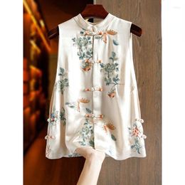 Ethnic Clothing Vintage Chinese Qipao Tops Women Vest Flower Printing Oriental Sleeveless Waistcoat Elegant Loose Tang Suit Female