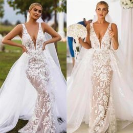 V-Ausschnitt Spitze Illusion Meerjungfrau Brautkleider 2020 Tüll Applikation Sweep Zug Hochzeit Brautkleider Robes de Mariee mit Überrock 254r