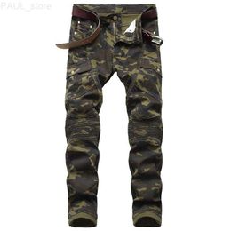 Camouflage Men Hip Hop Biker Stretched Jeans Streetwear Pleated Joggers Slim Men's Scratched Pants Pantalones Hombre L230731