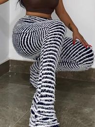 Women's Pants 2023 Autumn Black And White Striped Knitted Stacked Winter Women Bottoms Streetwear Extra Long High Waist Flare